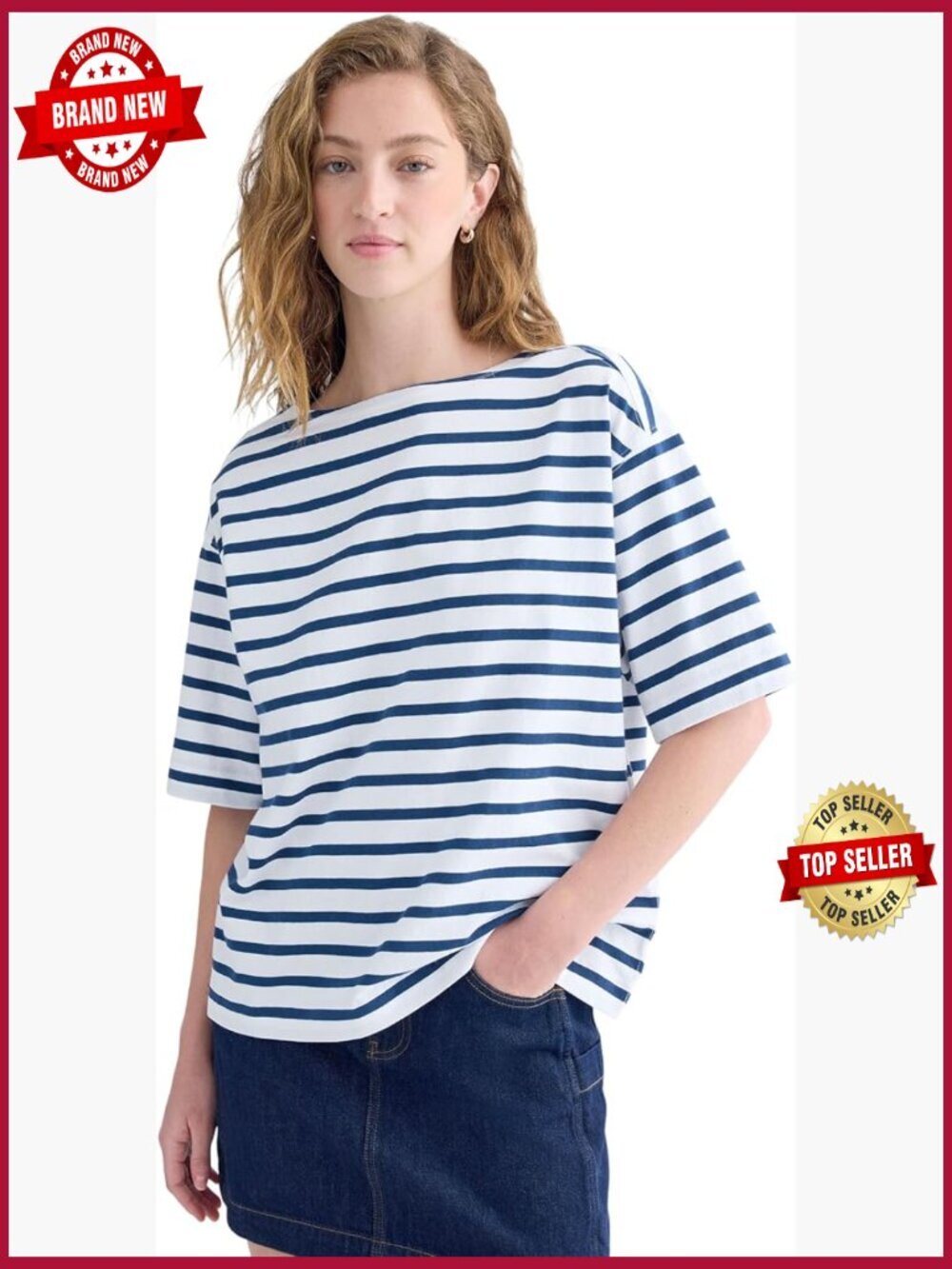 Boxy Boat Neck Cotton Tee Dropped Shoulder Oversized